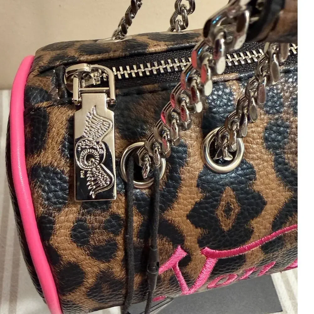 Von Dutch Cheetah Barrel Bag Pink Logo Chain Shoulder Purse Y2K NWT